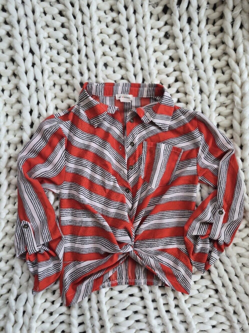 Self Esteem Red, White & Black Striped Knot-Front Blouse